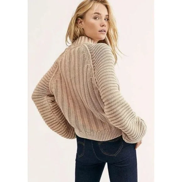 Free People Sweetheart Womens Small Chunky Rib Knit Pullover Sweater Sandcastle - Picture 6 of 10